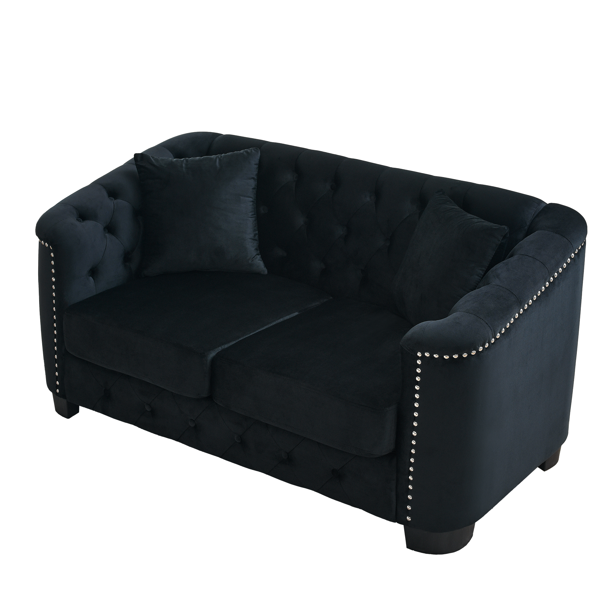 59 Inch Modern Chesterfield Velvet Sofa, 2 Seater Sofa, Upholstered Tufted Backrests With Arms And 2 Cushions For Living Room, Bedroom, Apartment, Office Black Black Primary Living Space Foam Velvet