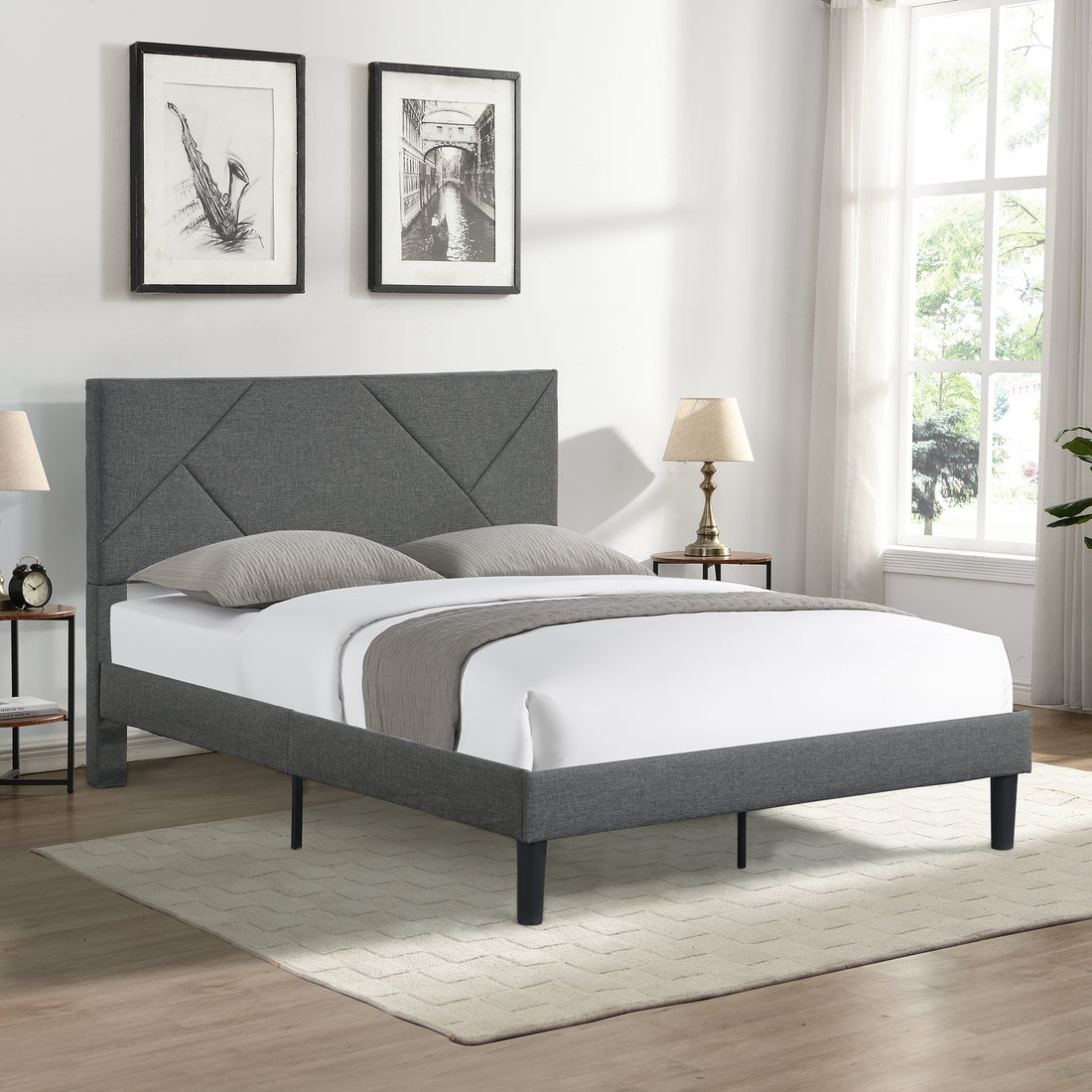 Queen Size Upholstered Platform Bed Frame ,Wood Slat Support, Easy Assembly,Grey Grey Linen