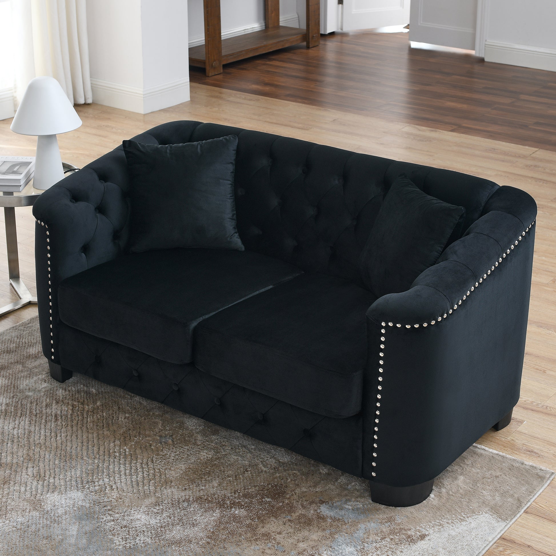 59 Inch Modern Chesterfield Velvet Sofa, 2 Seater Sofa, Upholstered Tufted Backrests With Arms And 2 Cushions For Living Room, Bedroom, Apartment, Office Black Black Primary Living Space Foam Velvet