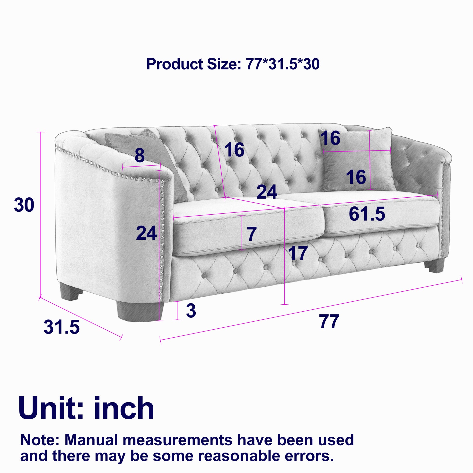 77 Inch Modern Chesterfield Velvet Sofa, 3 Seater Sofa, Upholstered Tufted Backrests With Arms And 2 Cushions For Living Room, Bedroom, Apartment, Office Black Black Primary Living Space Foam Velvet 3 Seat