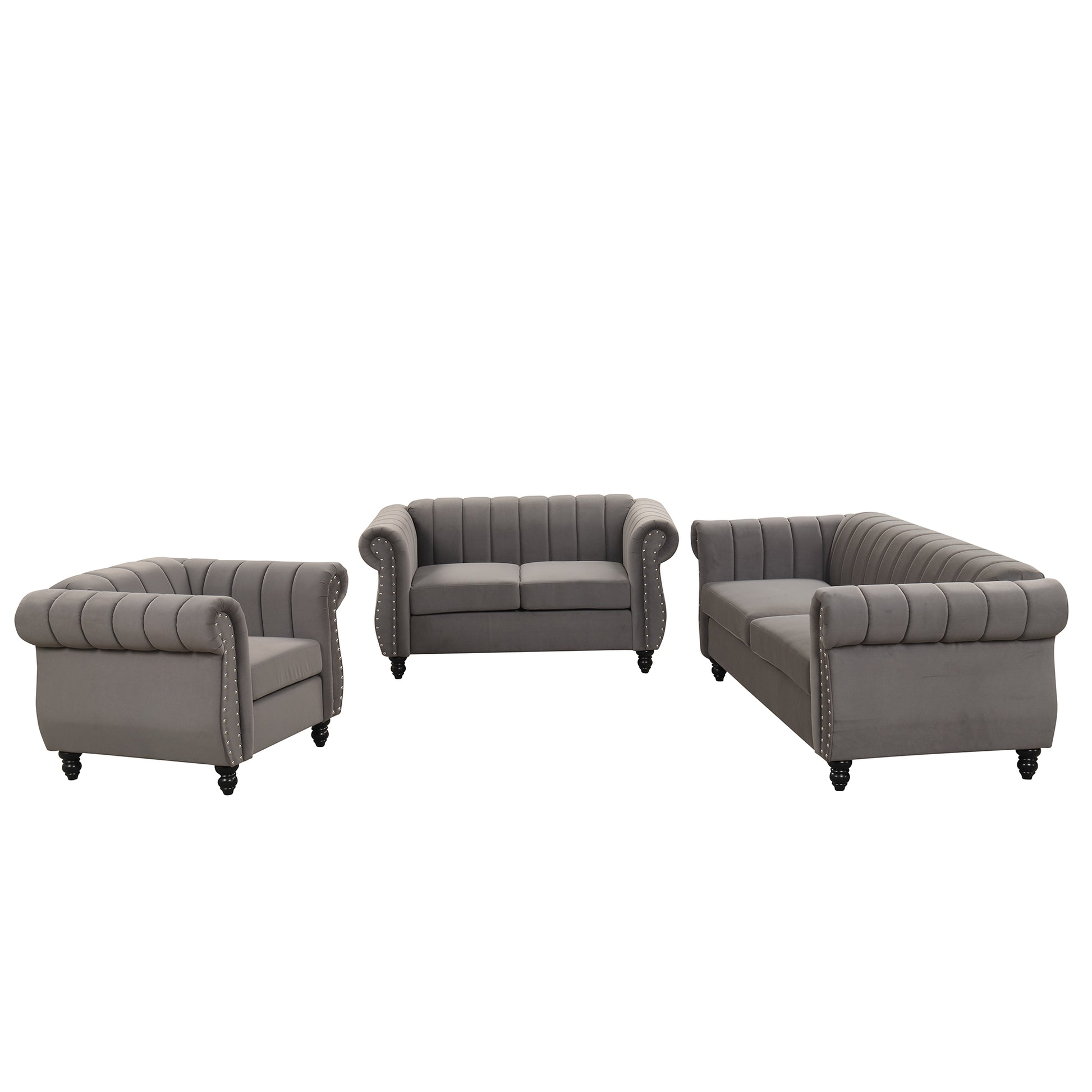 Modern Three Piece Sofa Set With Solid Wood Legs, Buttoned Tufted Backrest, Frosted Velvet Upholstered Sofa Set Including Three Seater Sofa, Double Seater And Living Room Furniture Set Single Chair Gray Foam Polyester