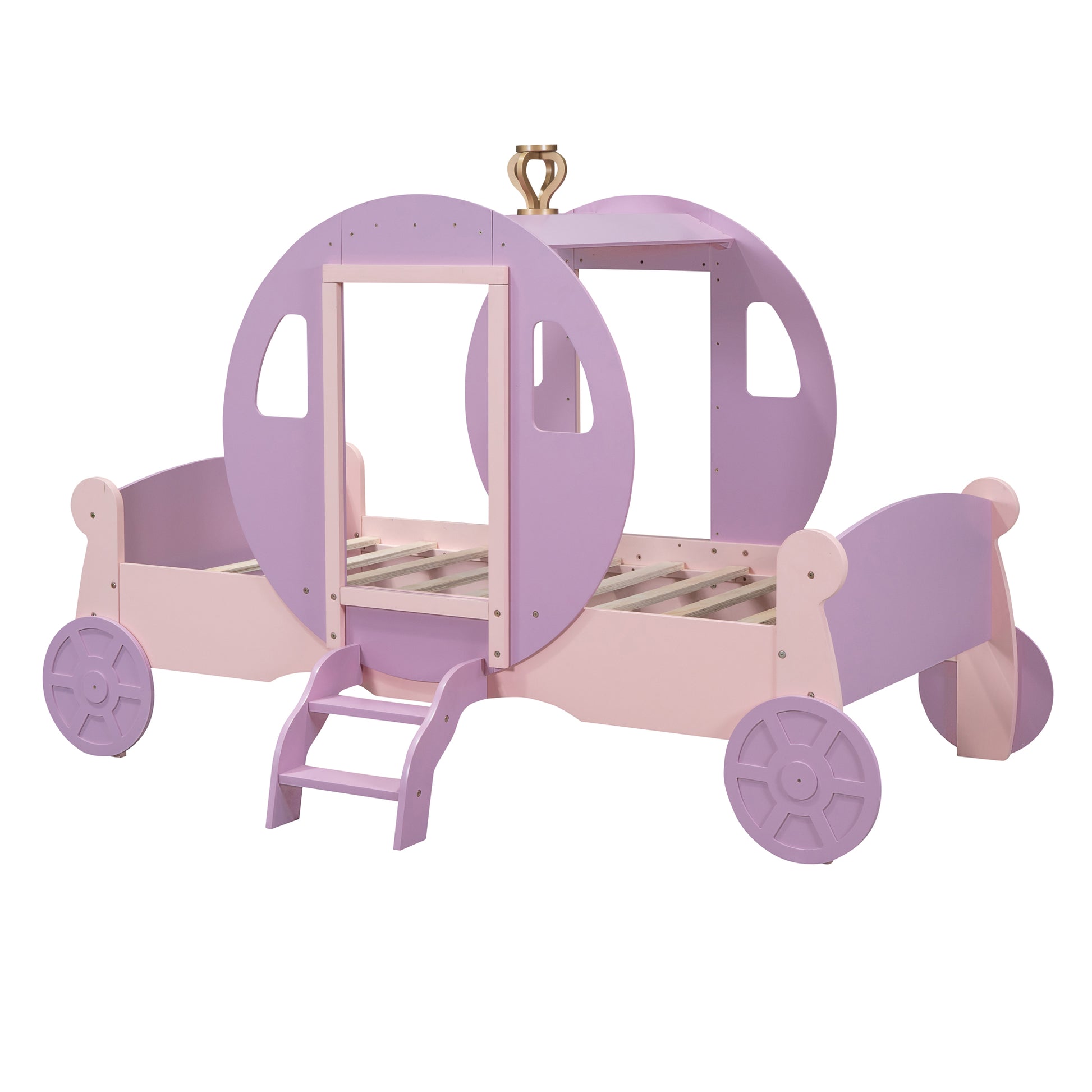 Twin Size Princess Carriage Bed With Crown,Wood Platform Car Bed With Stair,Purple Pink Pink Wood