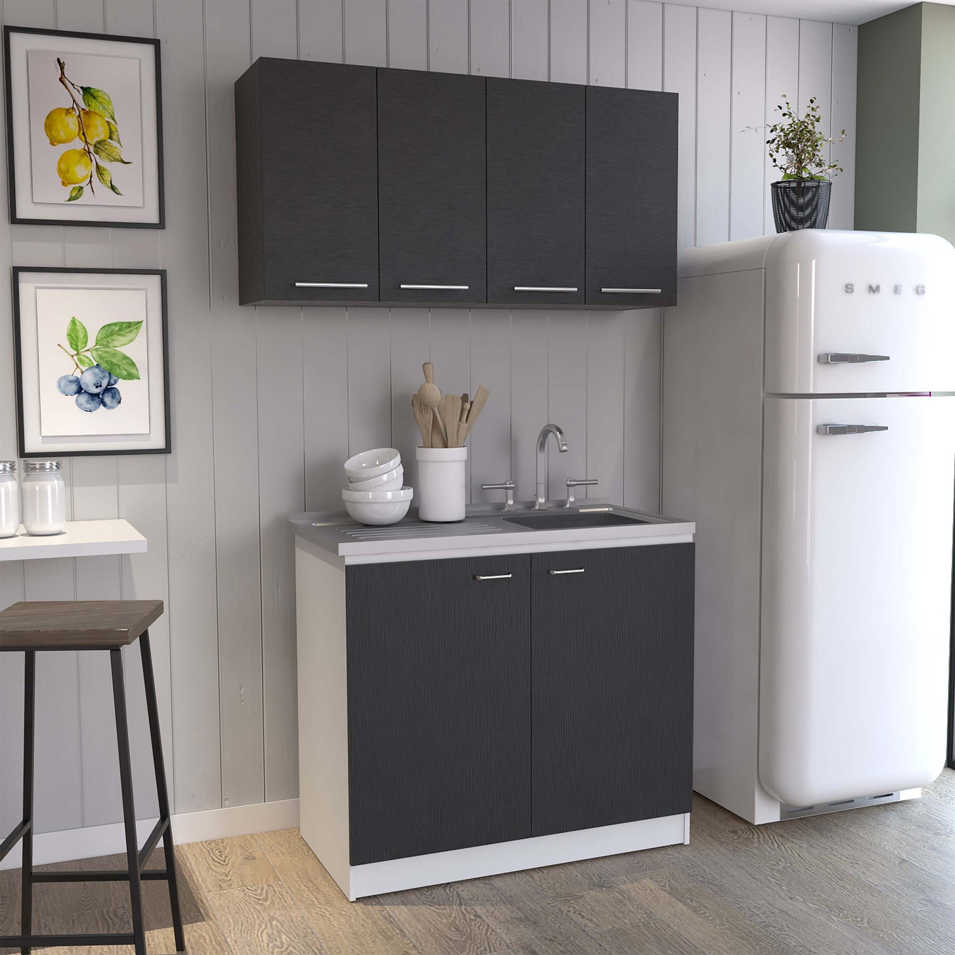 Aztec 2 Piece Kitchen Set, Wall Cabinet Utility Sink Cabinet, Black And White White Black Dining Room Engineered Wood