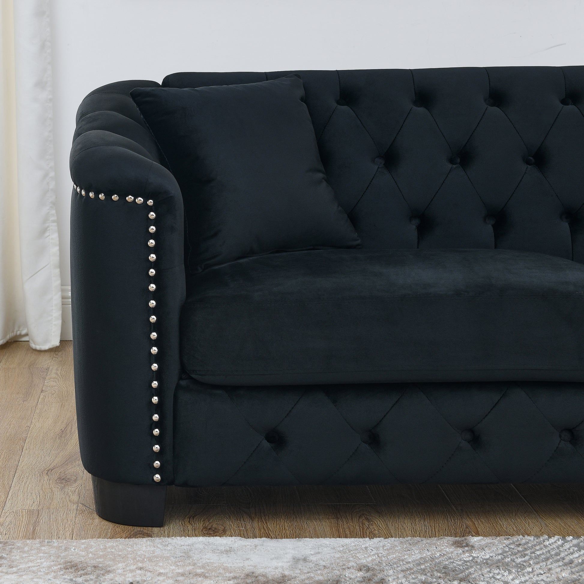 77 Inch Modern Chesterfield Velvet Sofa, 3 Seater Sofa, Upholstered Tufted Backrests With Arms And 2 Cushions For Living Room, Bedroom, Apartment, Office Black Black Primary Living Space Foam Velvet 3 Seat