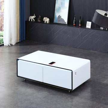 Smart Table Fridge, Multifunctional Coffee Table, Tempered Glass Table Top And Back Storage White Tempered Glass