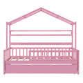 Wooden Twin Size House Bed With Trundle,Kids Bed With Shelf, Pink Pink Wood