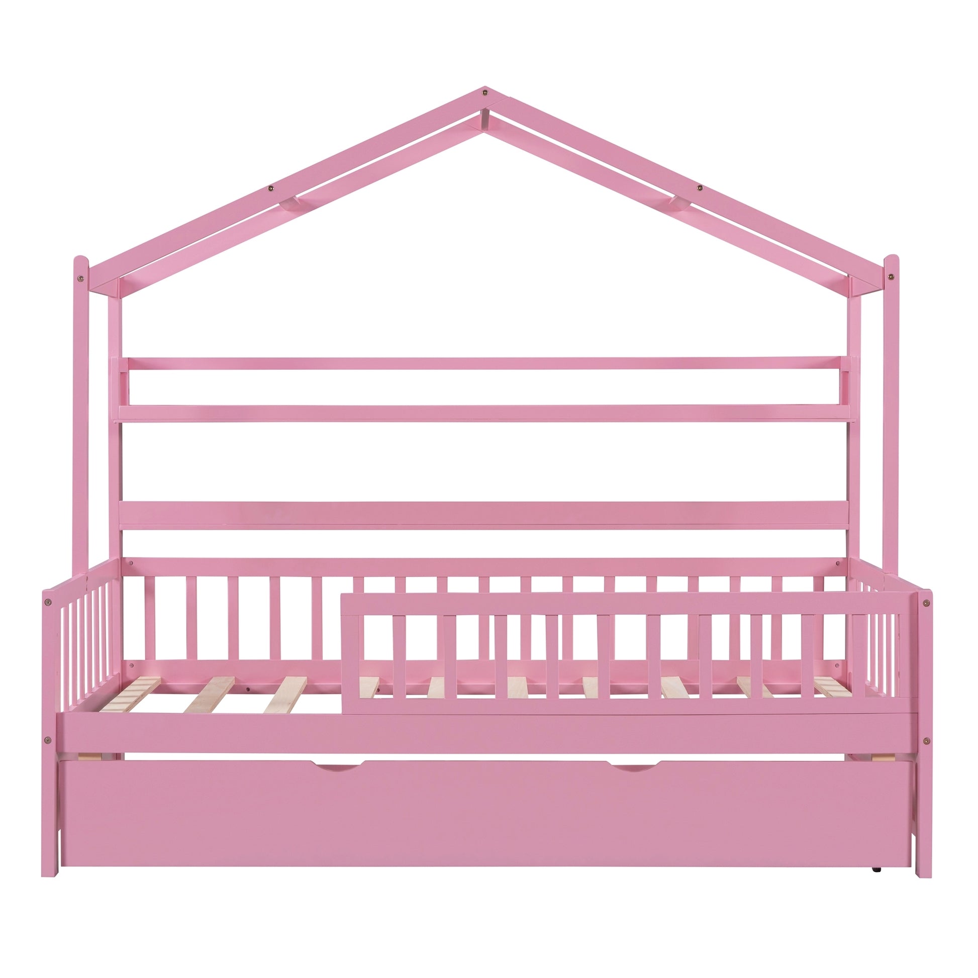 Wooden Twin Size House Bed With Trundle,Kids Bed With Shelf, Pink Pink Wood