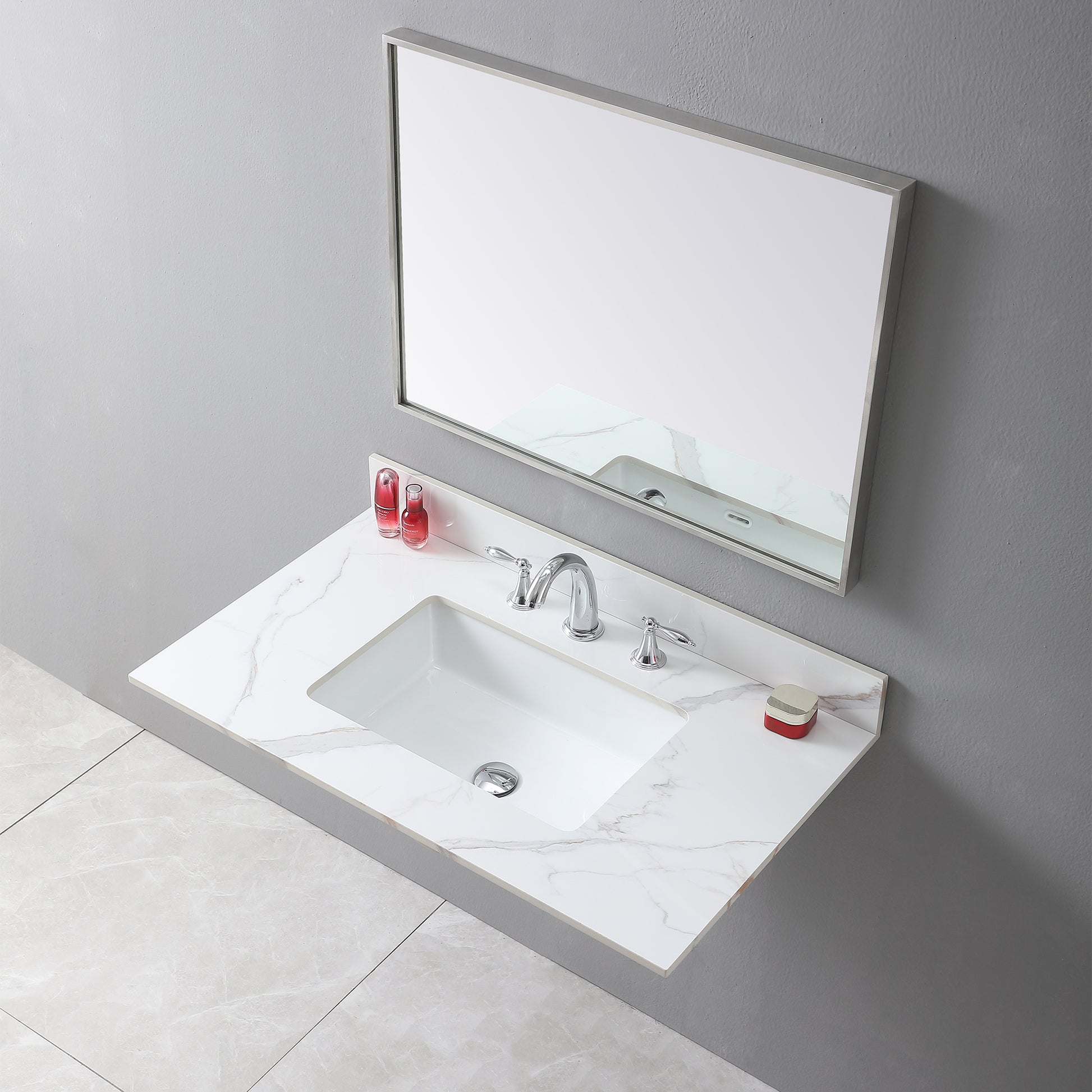 37Inch Bathroom Vanity Top Stone Carrara Gold Style Tops With Rectangle Undermount Ceramic Sink And 3 Faucet Hole For Bathroom Cabinet White Sintered Stone