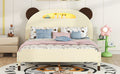 Full Size Wood Platform Bed With Bear Shaped Headboard,Bed With Motion Activated Night Lights,Cream Walnut Cream Wood