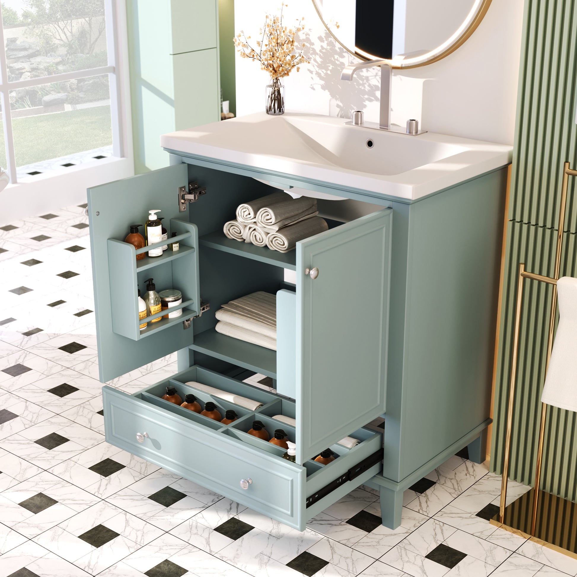 30" Bathroom Vanity With Sink Combo, Multi Functional Bathroom Cabinet With Doors And Drawer, Solid Frame And Mdf Board, Green Old Sku:Sy999606Aac Green Solid Wood Mdf