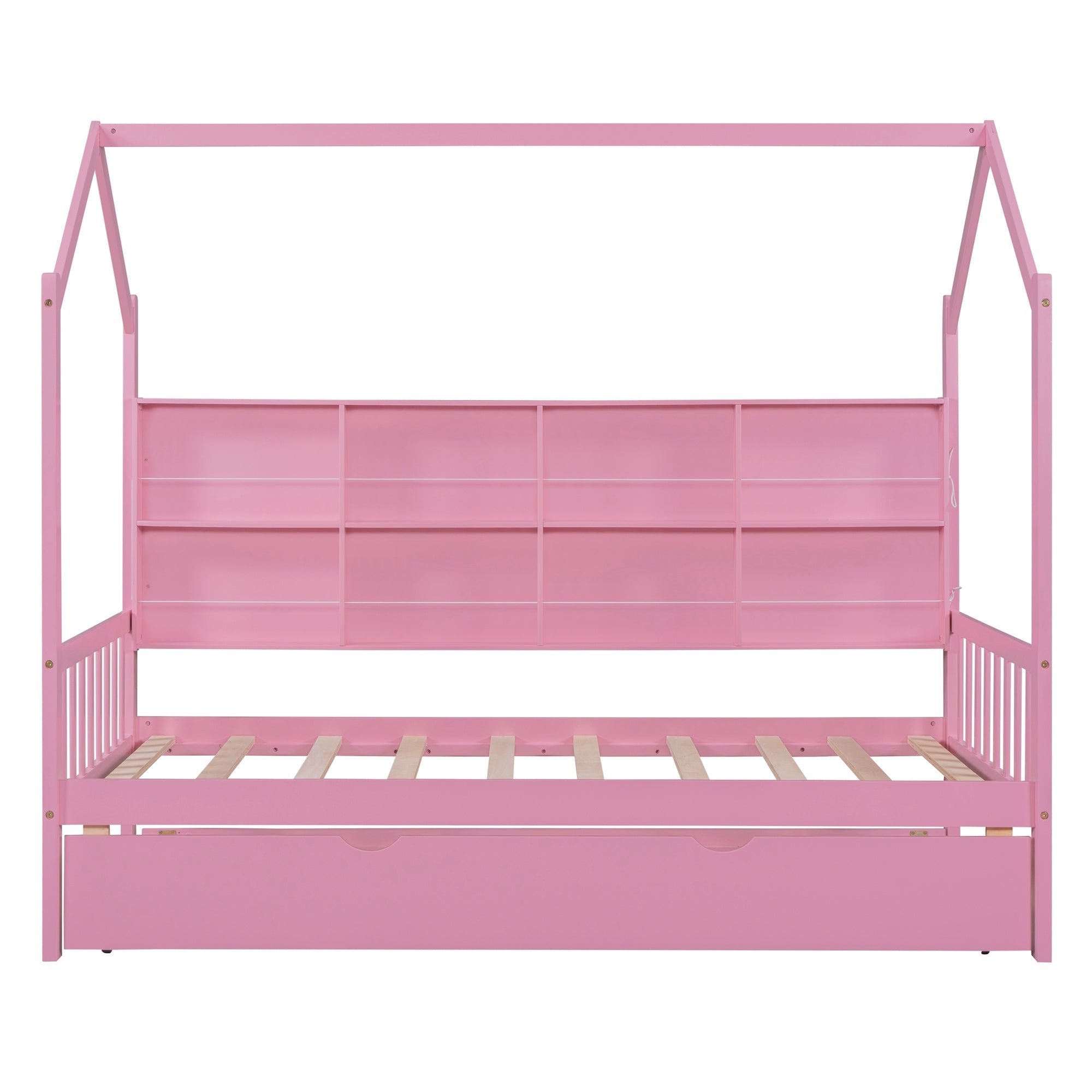 Wooden Twin Size House Bed with Trundle,Kids Bed with pink-wood