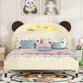 Full Size Wood Platform Bed With Bear Shaped Headboard,Bed With Motion Activated Night Lights,Cream Walnut Cream Wood