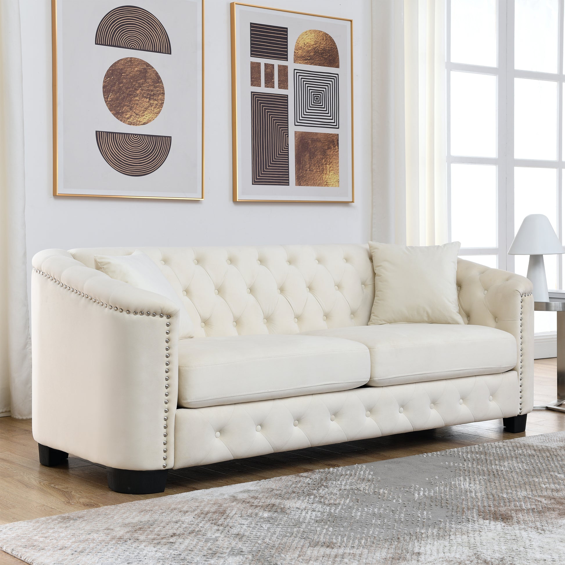 77 Inch Modern Chesterfield Velvet Sofa, 3 Seater Sofa, Upholstered Tufted Backrests With Arms And 2 Cushions For Living Room, Bedroom, Apartment, Office Beige Beige Primary Living Space American Design Foam Velvet 3 Seat