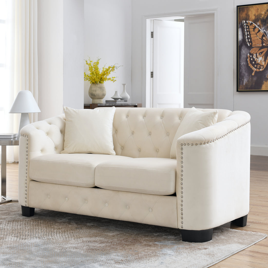 59 Inch Modern Chesterfield Velvet Sofa, 2 Seater Sofa, Upholstered Tufted Backrests With Arms And 2 Cushions For Living Room, Bedroom, Apartment, Office Beige Beige Primary Living Space Foam Velvet 2 Seat