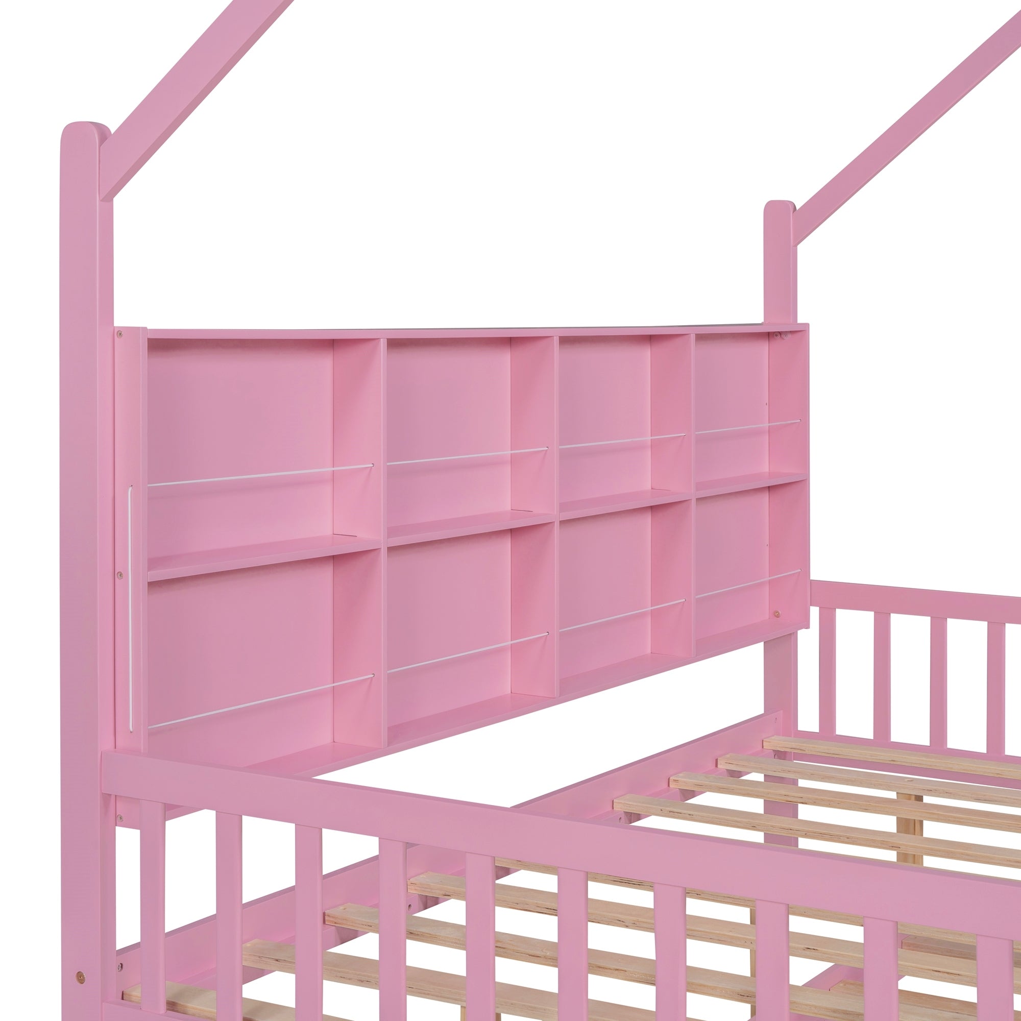Wooden Full Size House Bed with Trundle,Kids Bed with pink-wood