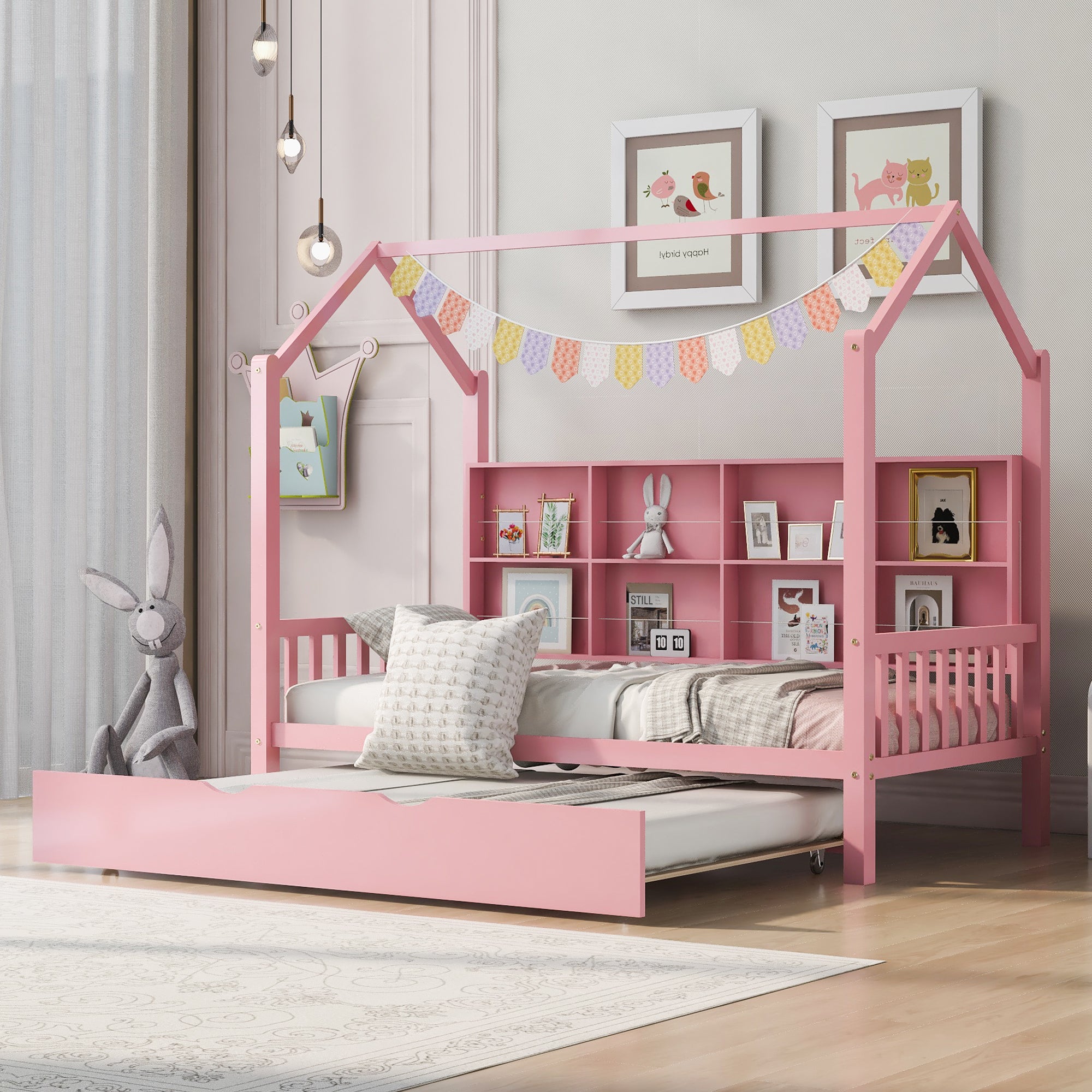 Wooden Twin Size House Bed with Trundle,Kids Bed with pink-wood