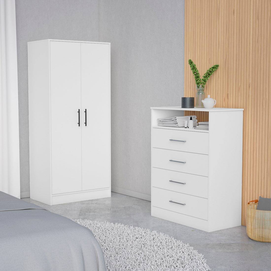 Midval 2 Piece Bedroom Set, Armoire Dresser, White Queen White White 2 Piece Set Bedroom Dresser Included Engineered Wood