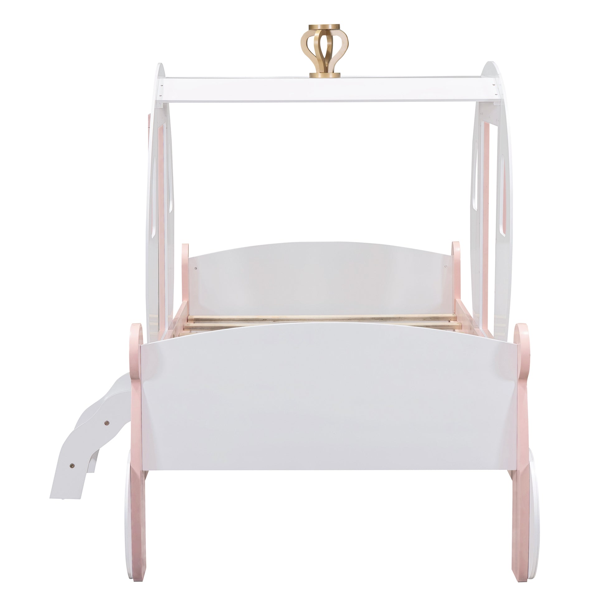 Twin Size Princess Carriage Bed With Crown ,Wood Platform Car Bed With Stair,White Pink White Pink Wood