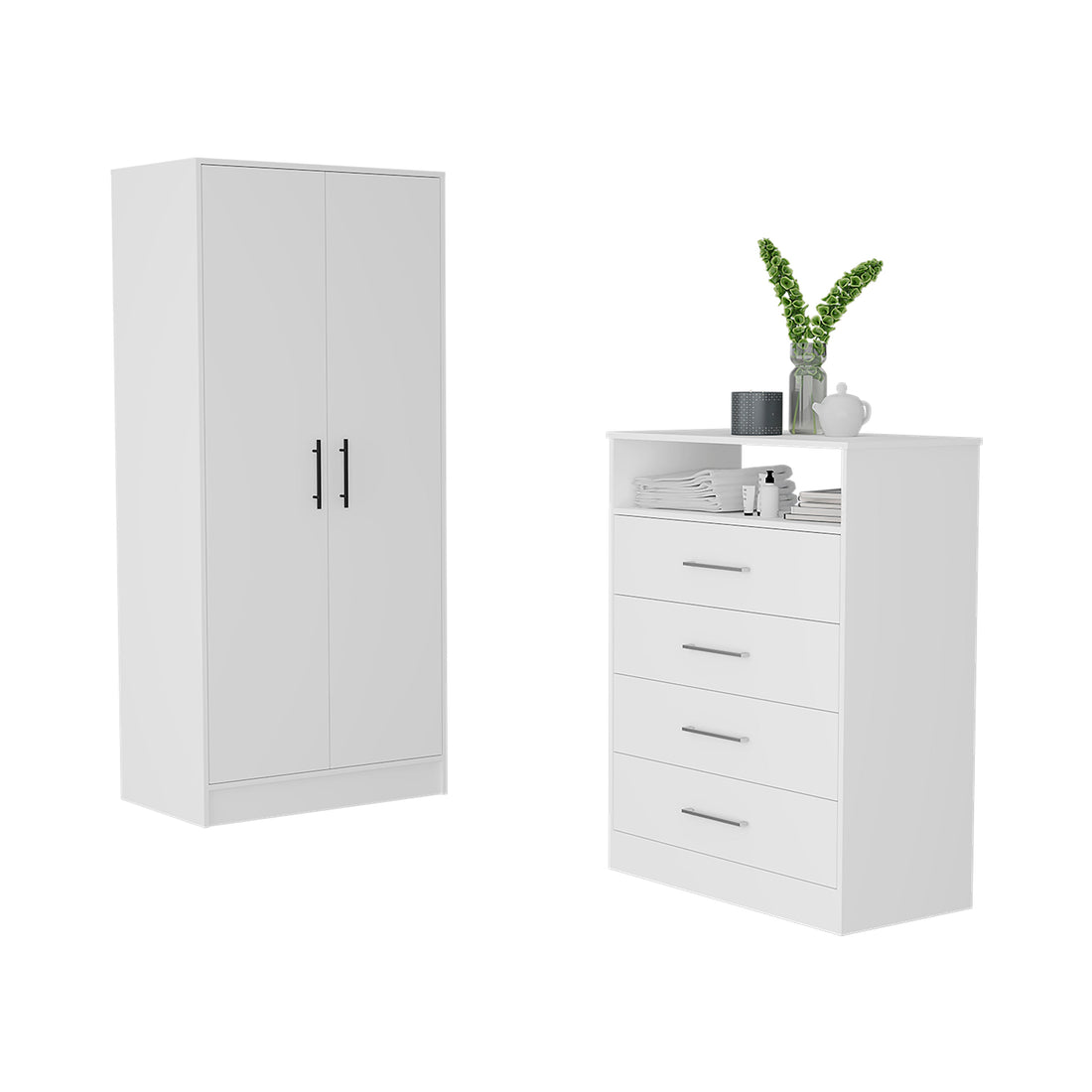Midval 2 Piece Bedroom Set, Armoire Dresser, White Queen White White 2 Piece Set Bedroom Dresser Included Engineered Wood
