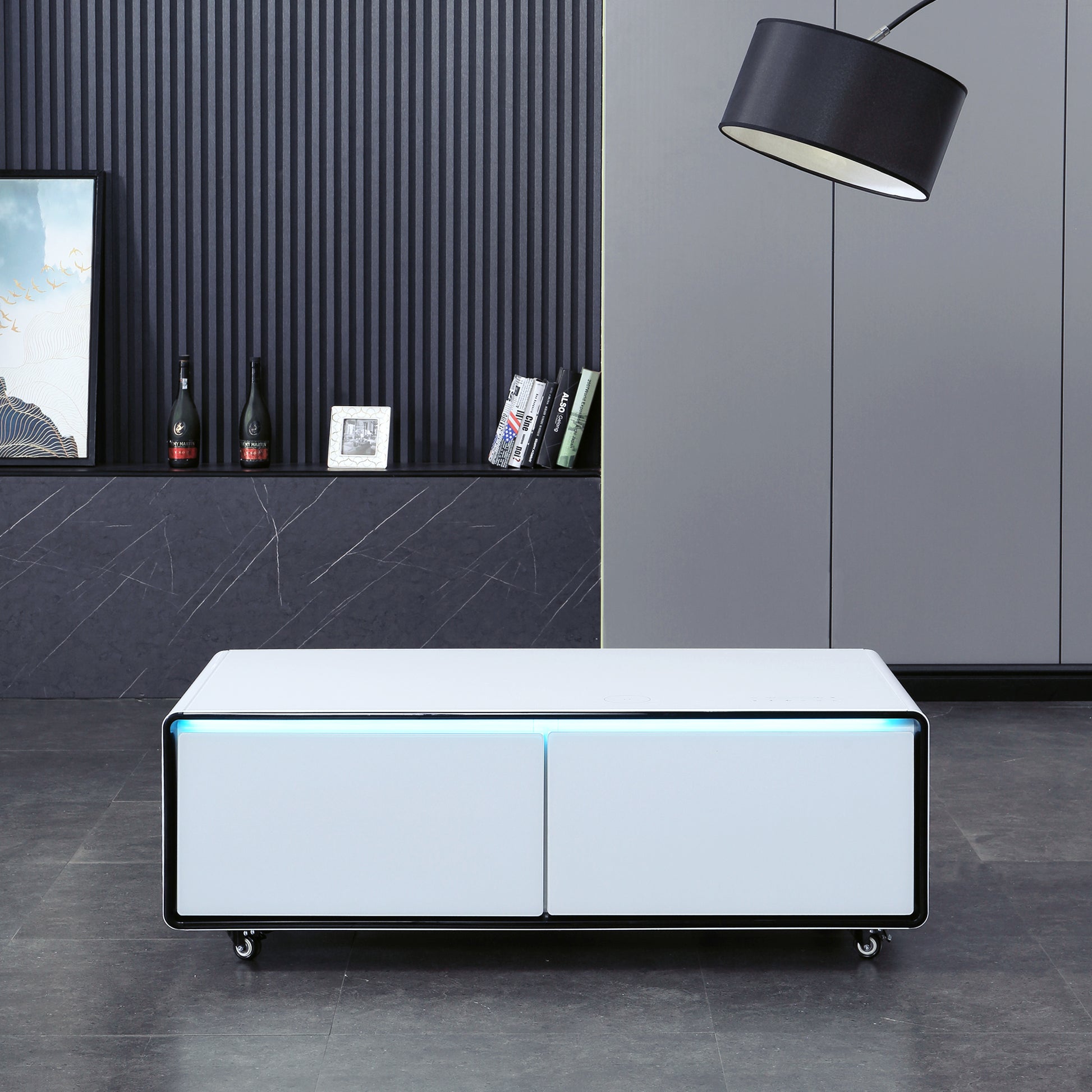 Smart Table Fridge, Multifunctional Coffee Table, Tempered Glass Table Top And Back Storage White Tempered Glass