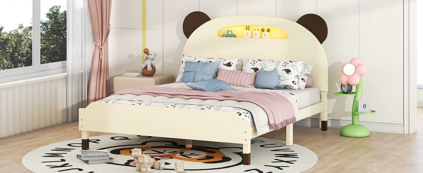 Full Size Wood Platform Bed With Bear Shaped Headboard,Bed With Motion Activated Night Lights,Cream Walnut Cream Wood
