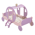 Twin Size Princess Carriage Bed With Crown,Wood Platform Car Bed With Stair,Purple Pink Pink Wood