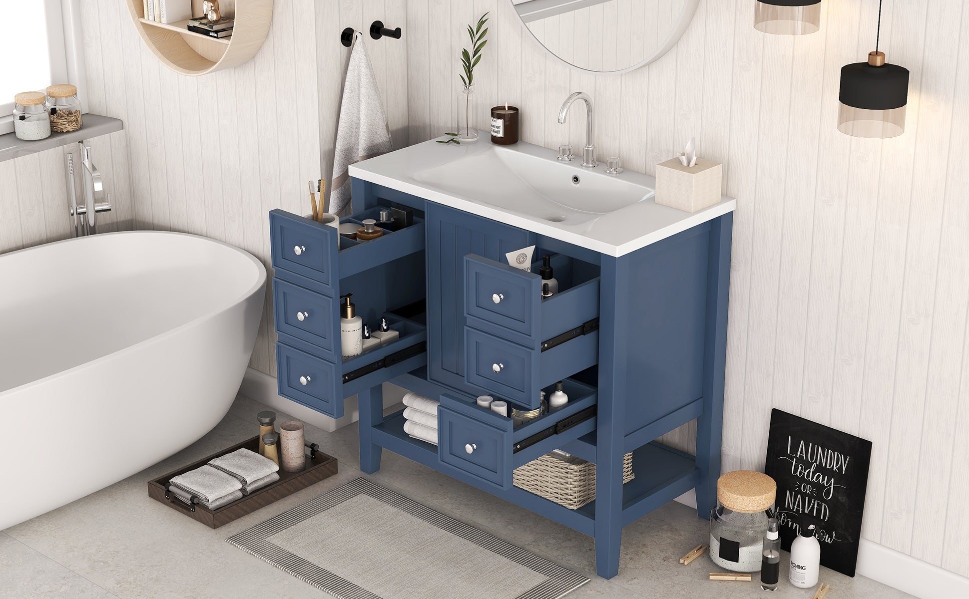 36" Bathroom Vanity With Sink Combo, One Cabinet And Three Drawers, Solid Wood And Mdf Board, Blue Blue Solid Wood Mdf