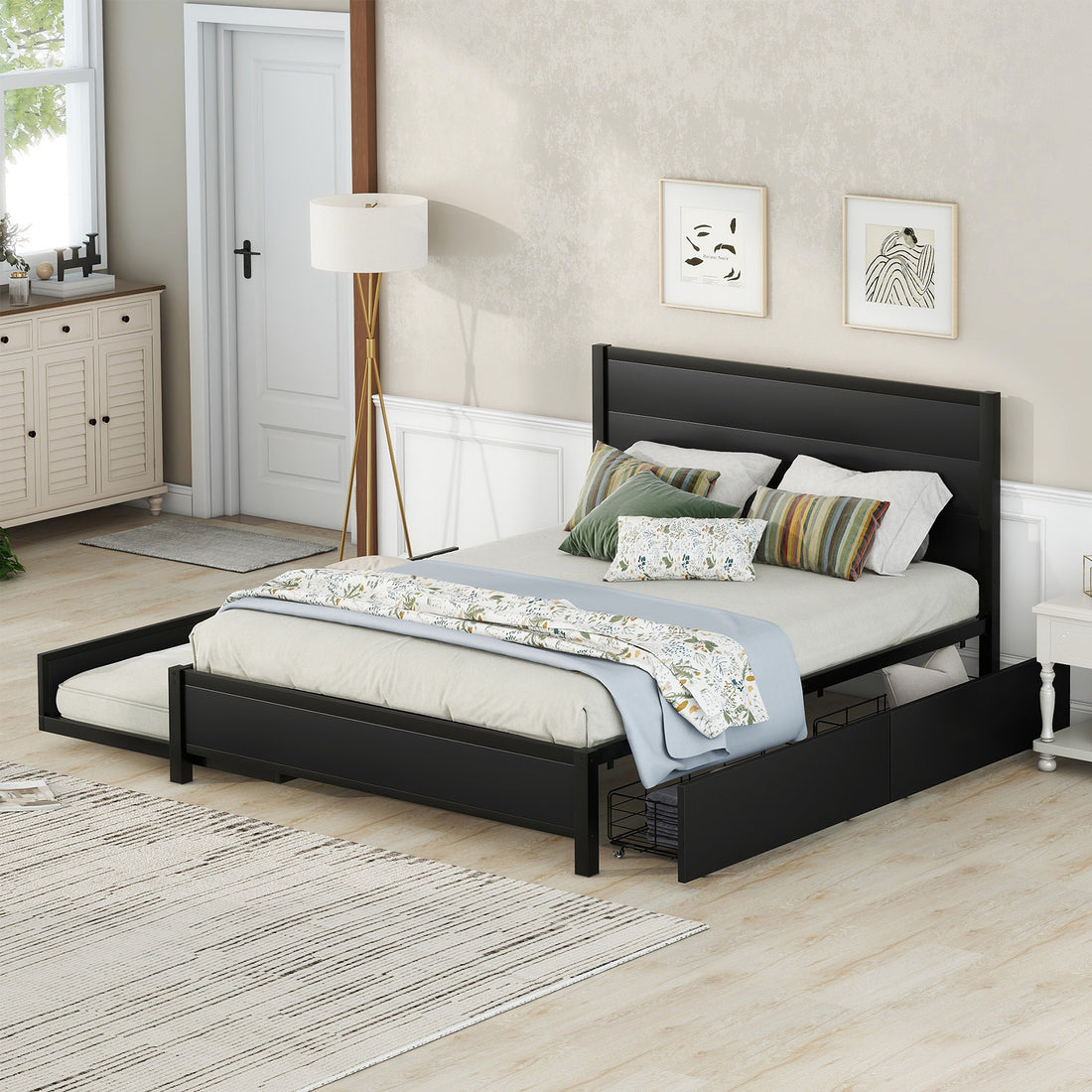 Metal Queen Size Storage Platform Bed With Twin Size Trundle And 2 Drawers, Black Queen Black Metal Bedroom Bed Frame Mdf Steel