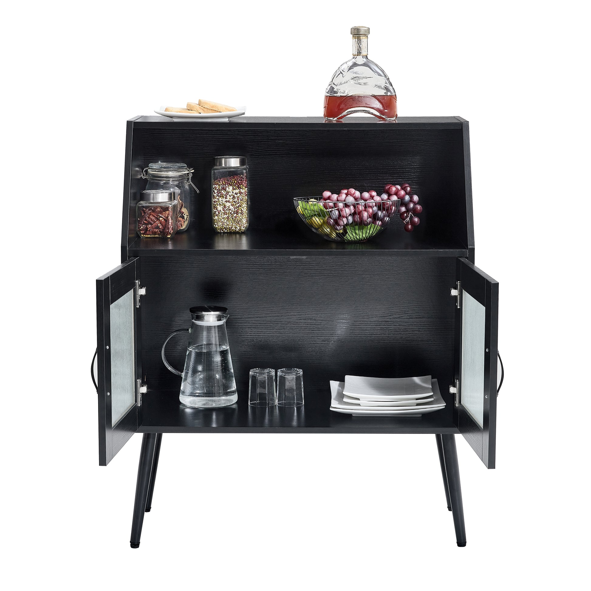 Sideboard, Bufft Cabinet, Side Dining Table, Glass Door, 1Pc Per Ctn Black Mdf Glass