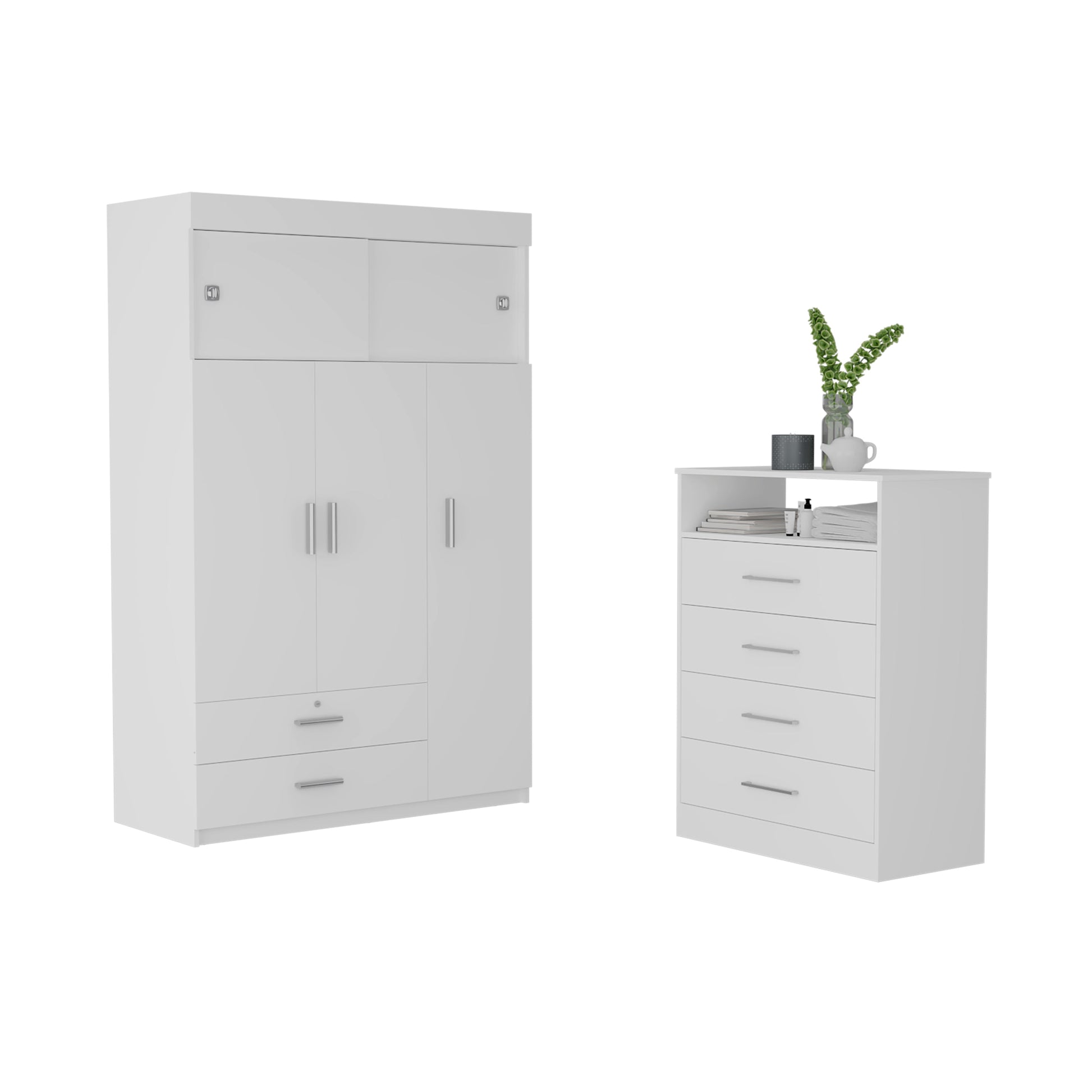 Omaha 2 Piece Armoire And Dresser, White White 2 Piece Set Bedroom Modern Engineered Wood