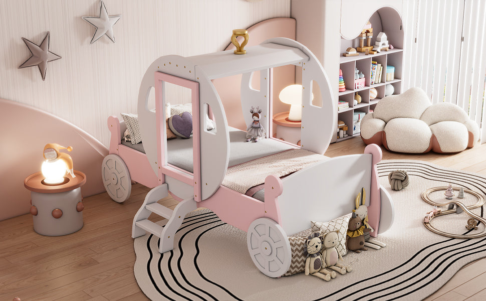 Twin Size Princess Carriage Bed With Crown ,Wood Platform Car Bed With Stair,White Pink White Pink Wood