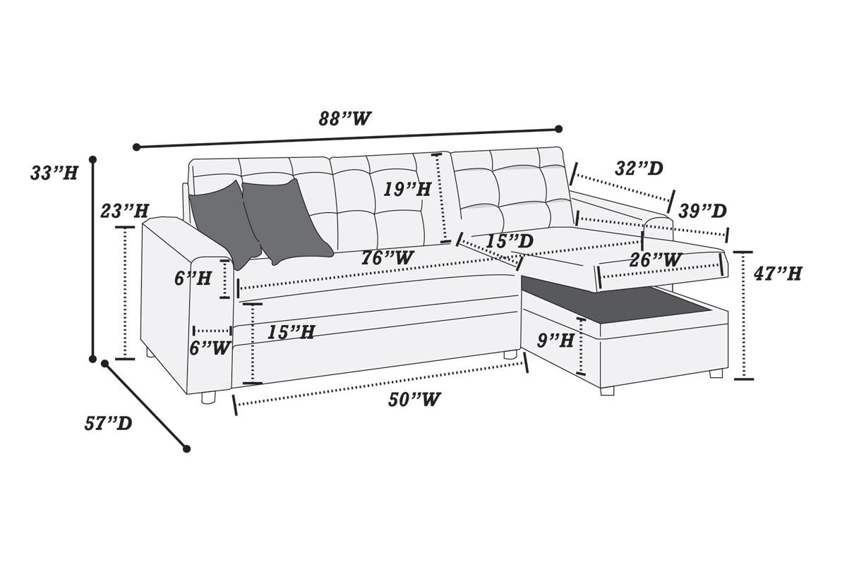 Ash Black Convertible Sectional Pull Out Bed Sofa Chaise Reversible Storage Chaise Polyfiber Tufted Couch Lounge Antique Black Wood Primary Living Space Tufted Back Contemporary,Modern L Shaped Pine Square Arms Plywood 4 Seat