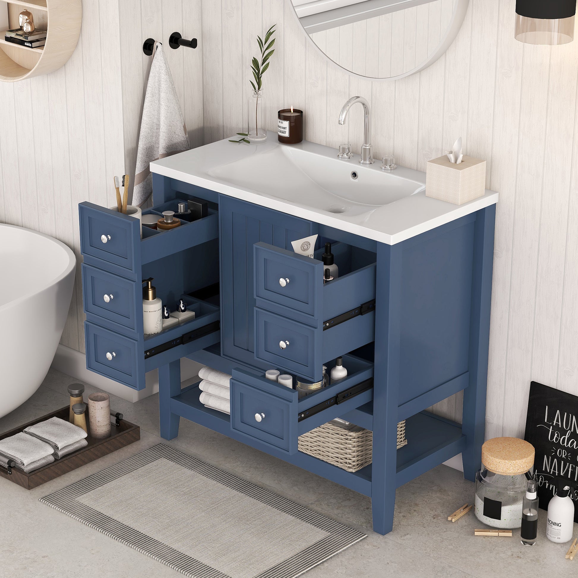 36" Bathroom Vanity With Sink Combo, One Cabinet And Three Drawers, Solid Wood And Mdf Board, Blue Blue Solid Wood Mdf