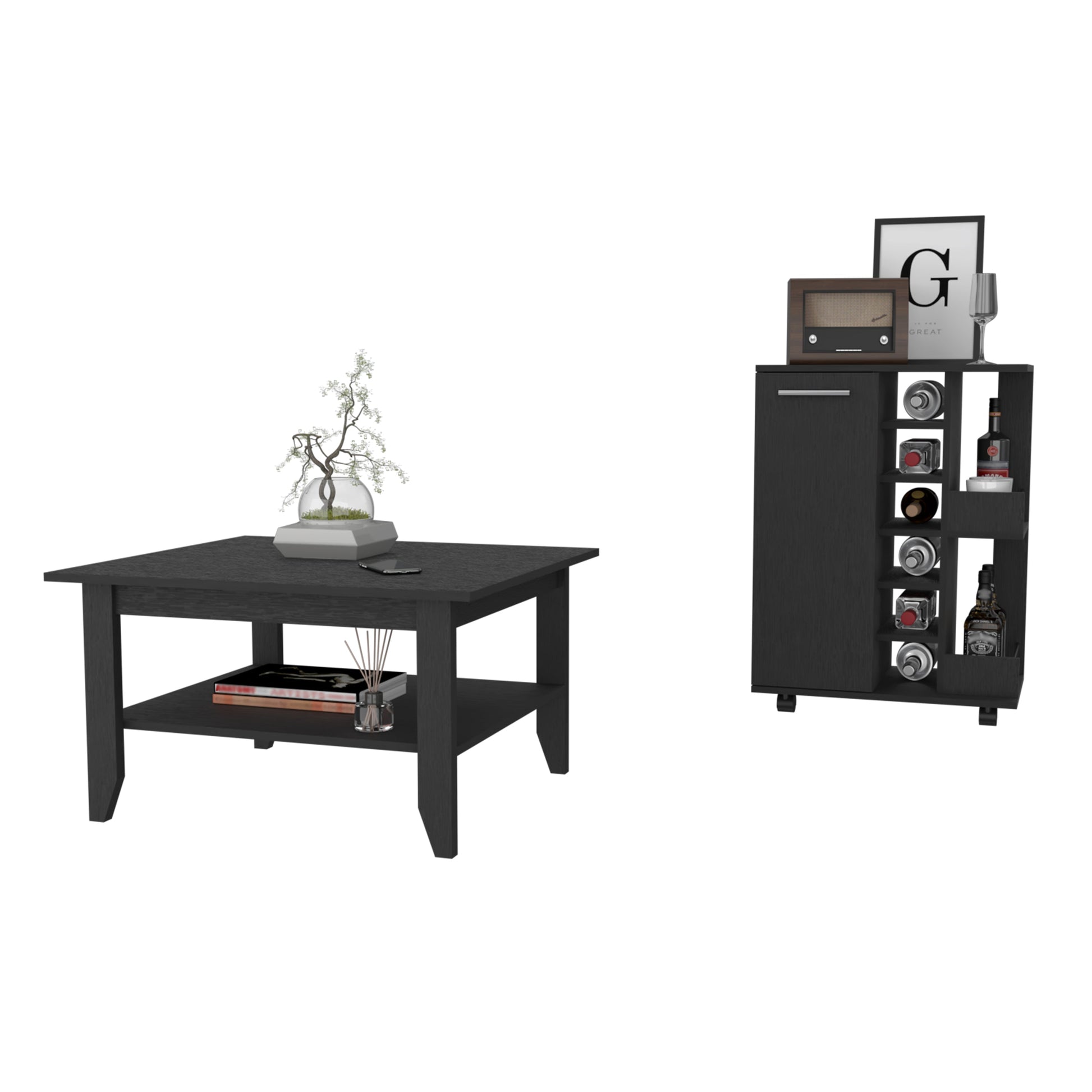 Payson 2 Piece Living Room Set, Bar Cart Coffee Table, Black Black Primary Living Space Shelves Rectangular Engineered Wood