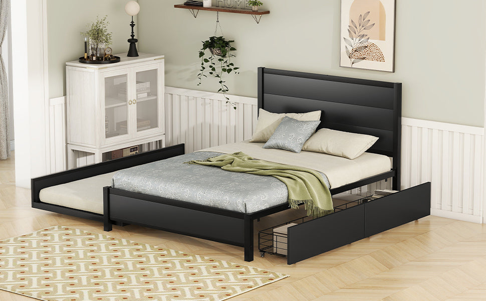 Metal Full Size Storage Platform Bed With Twin Size Trundle And 2 Drawers, Black Full Black Metal Bedroom Bed Frame Mdf Steel