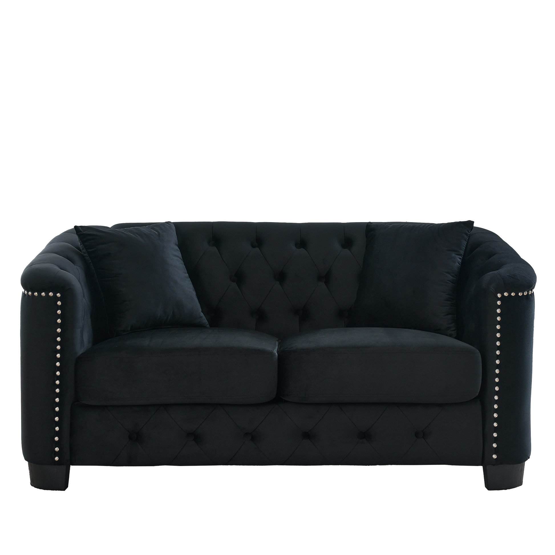 59 Inch Modern Chesterfield Velvet Sofa, 2 Seater Sofa, Upholstered Tufted Backrests With Arms And 2 Cushions For Living Room, Bedroom, Apartment, Office Black Black Primary Living Space Foam Velvet