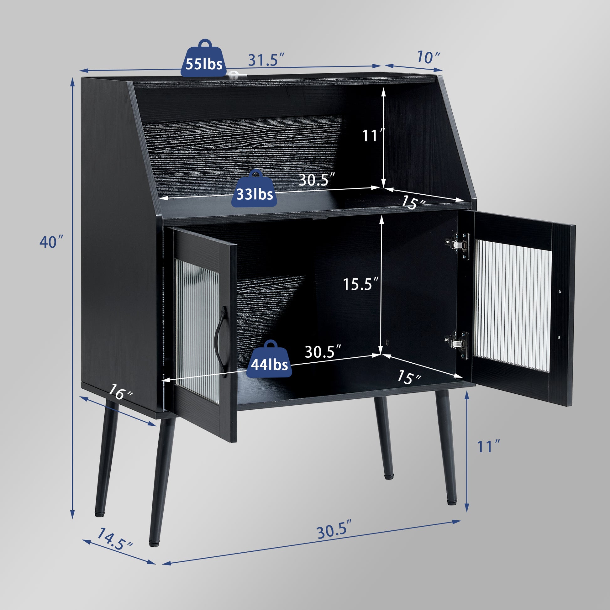 Sideboard, Bufft Cabinet, Side Dining Table, Glass Door, 1Pc Per Ctn Black Mdf Glass