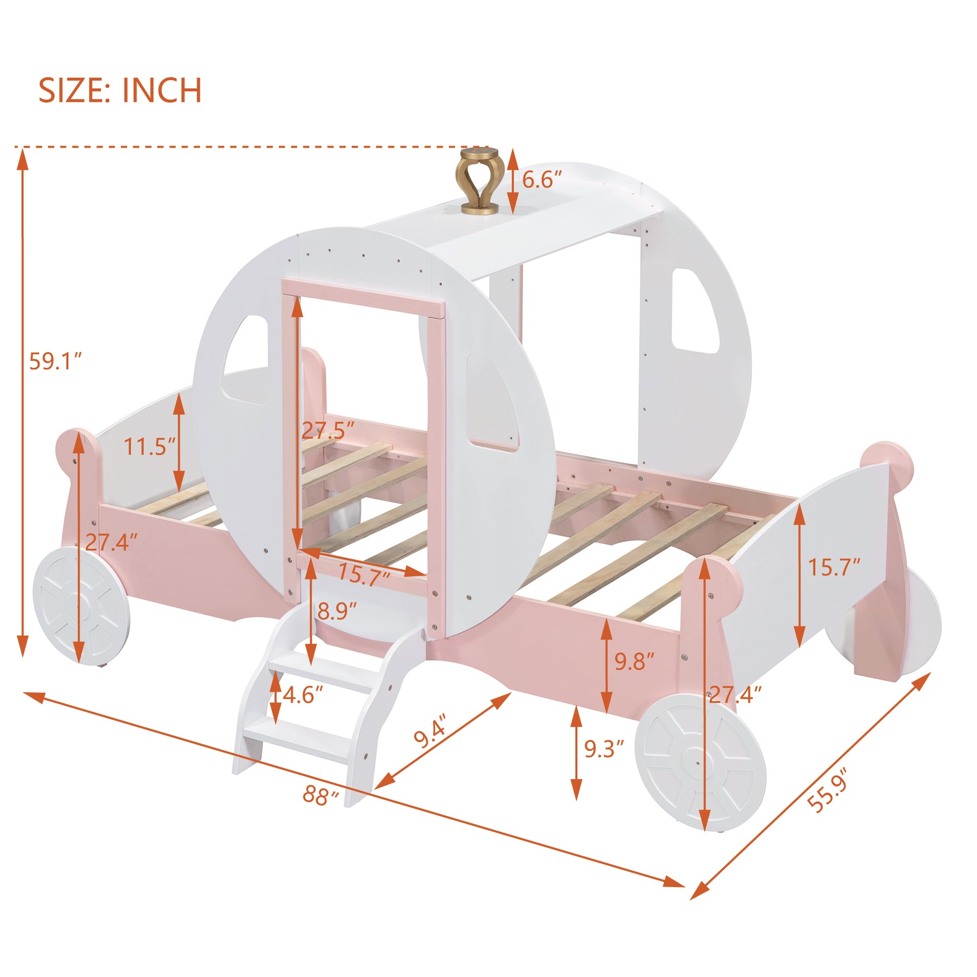 Twin Size Princess Carriage Bed With Crown ,Wood Platform Car Bed With Stair,White Pink White Pink Wood