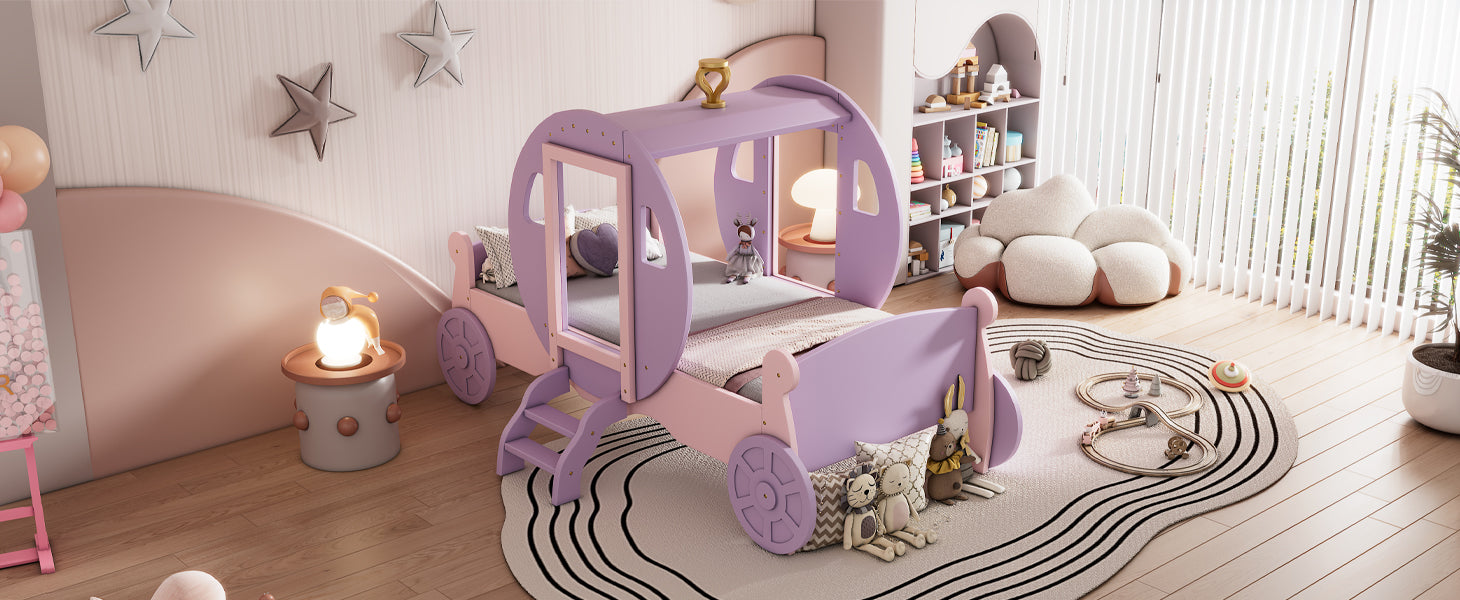 Twin Size Princess Carriage Bed With Crown,Wood Platform Car Bed With Stair,Purple Pink Pink Wood