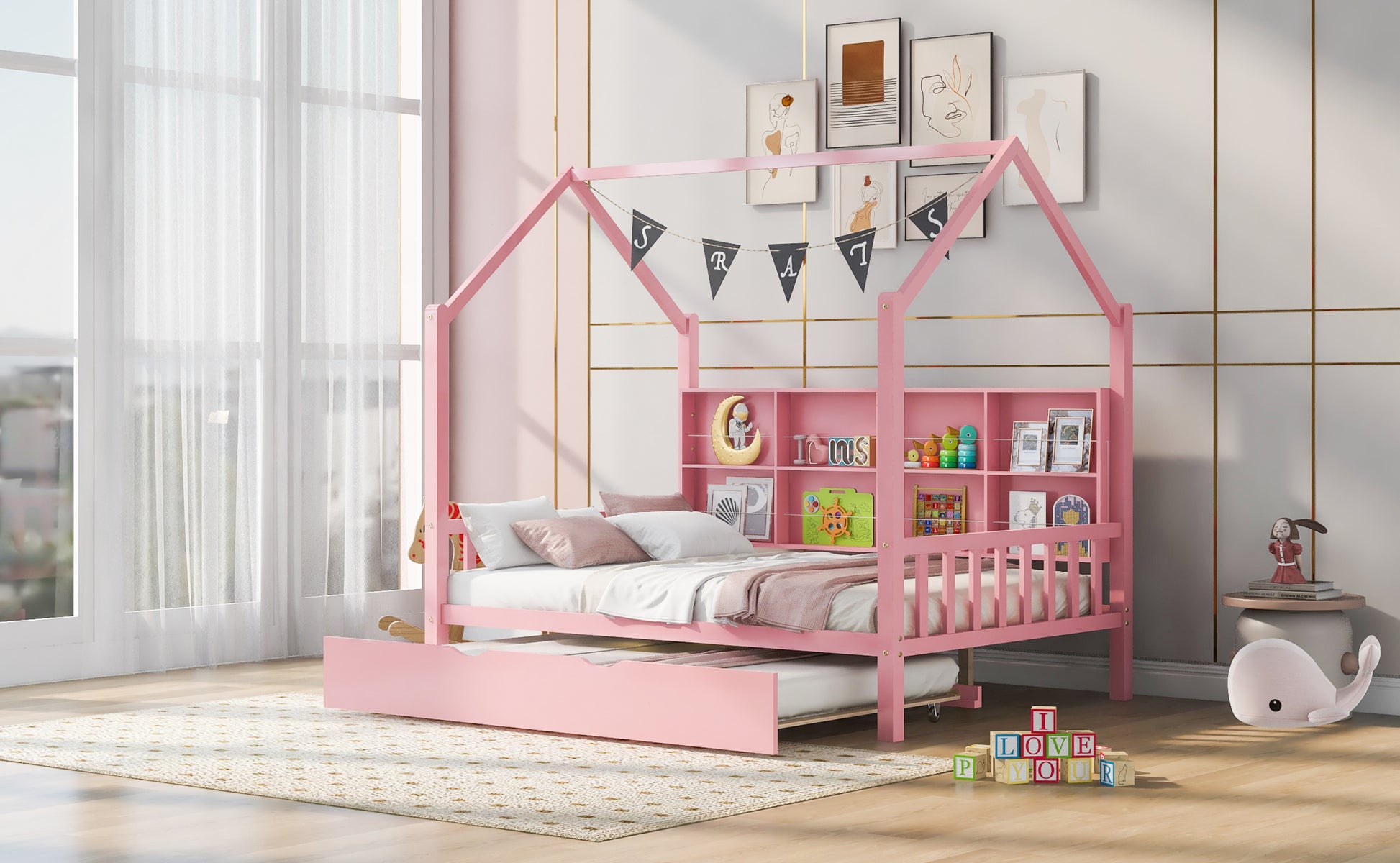 Wooden Full Size House Bed With Trundle,Kids Bed With Shelf,Pink Pink