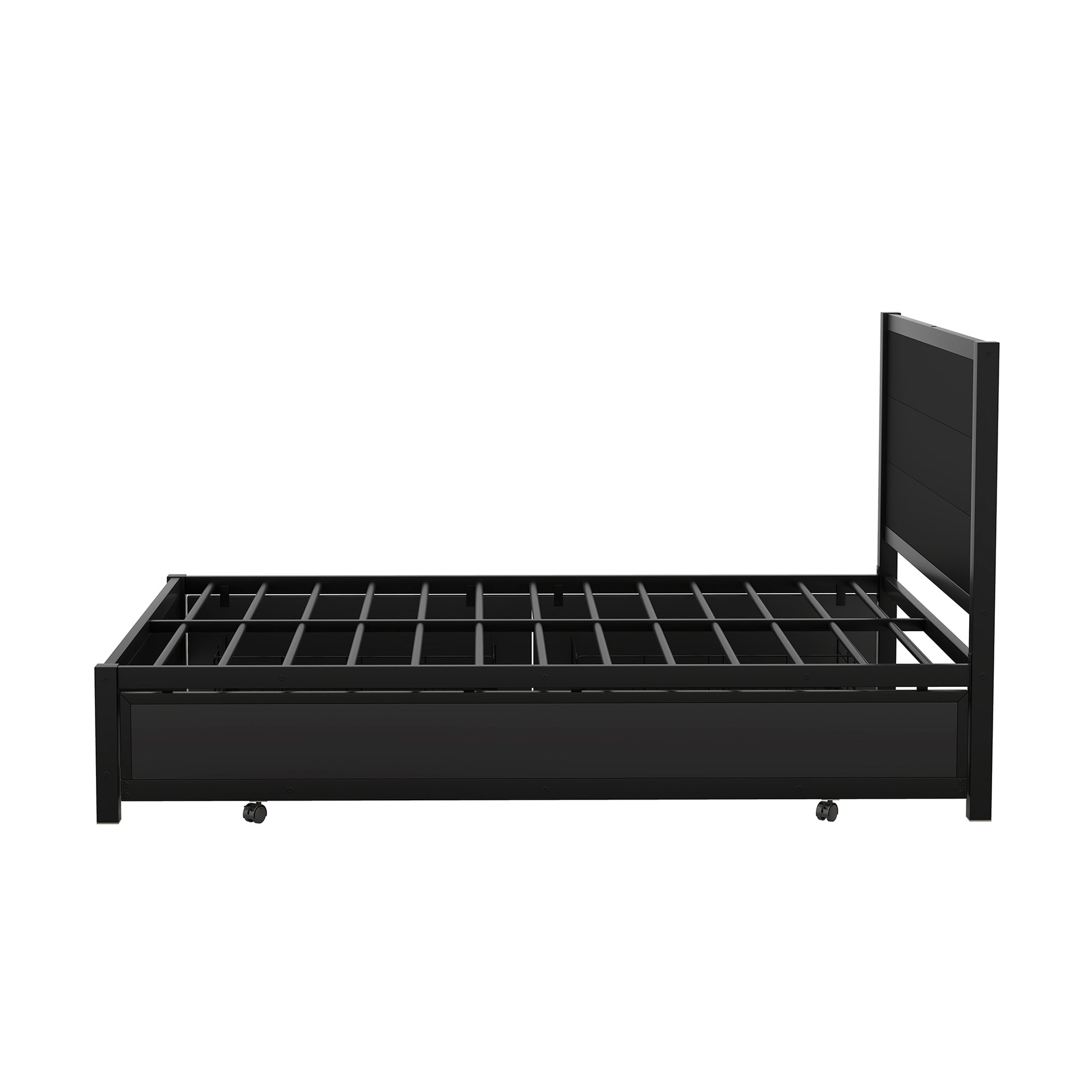 Metal Full Size Storage Platform Bed With Twin Size Trundle And 2 Drawers, Black Full Black Metal Bedroom Bed Frame Mdf Steel