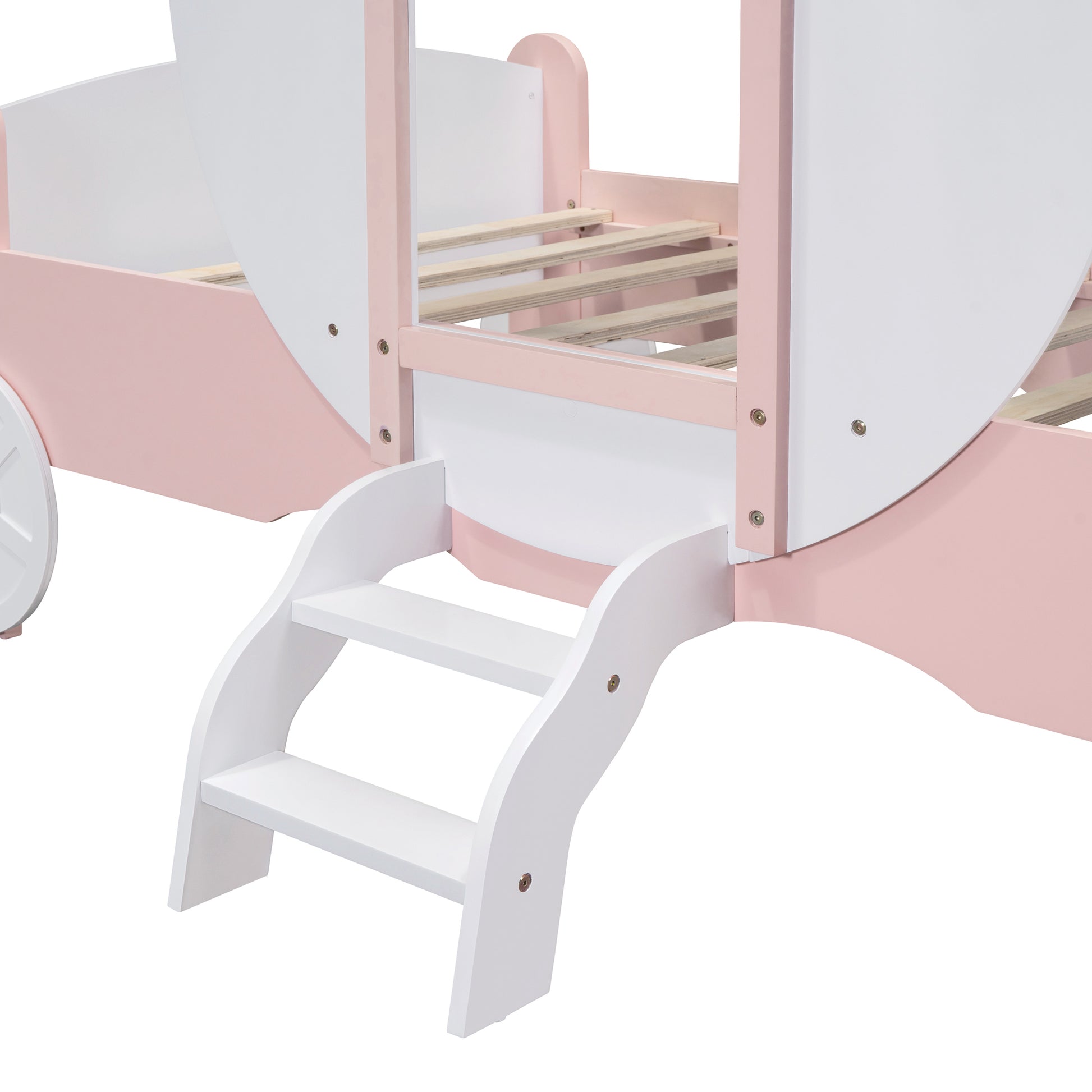 Twin Size Princess Carriage Bed With Crown ,Wood Platform Car Bed With Stair,White Pink White Pink Wood