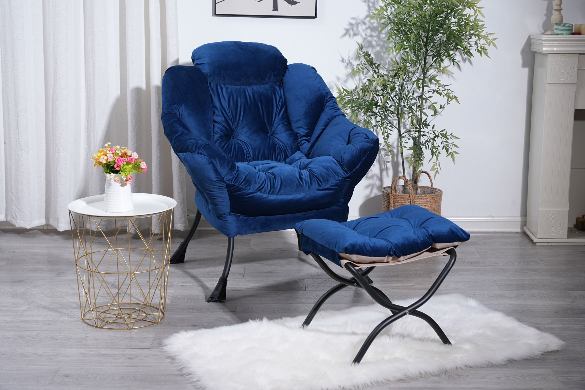 Living Room Chairs Modern Cotton Fabric Lazy Chair, Accent Contemporary Lounge Chair, Single Steel Frame Leisure Sofa Chair With Armrests And A Side Pocket Blue ,With Ottoman ,With Footrest Blue Primary Living Space Soft Polyester Fiber Pad Fabric 1 Seat