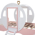 Twin Size Princess Carriage Bed With Crown ,Wood Platform Car Bed With Stair,White Pink White Pink Wood