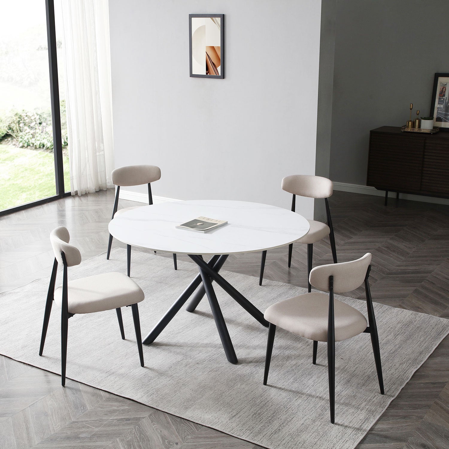 53.15" Modern Round Dining Table White Sintered Stone Tabletop With 4Pcs Metal Cross Legs White Foam Ceramic