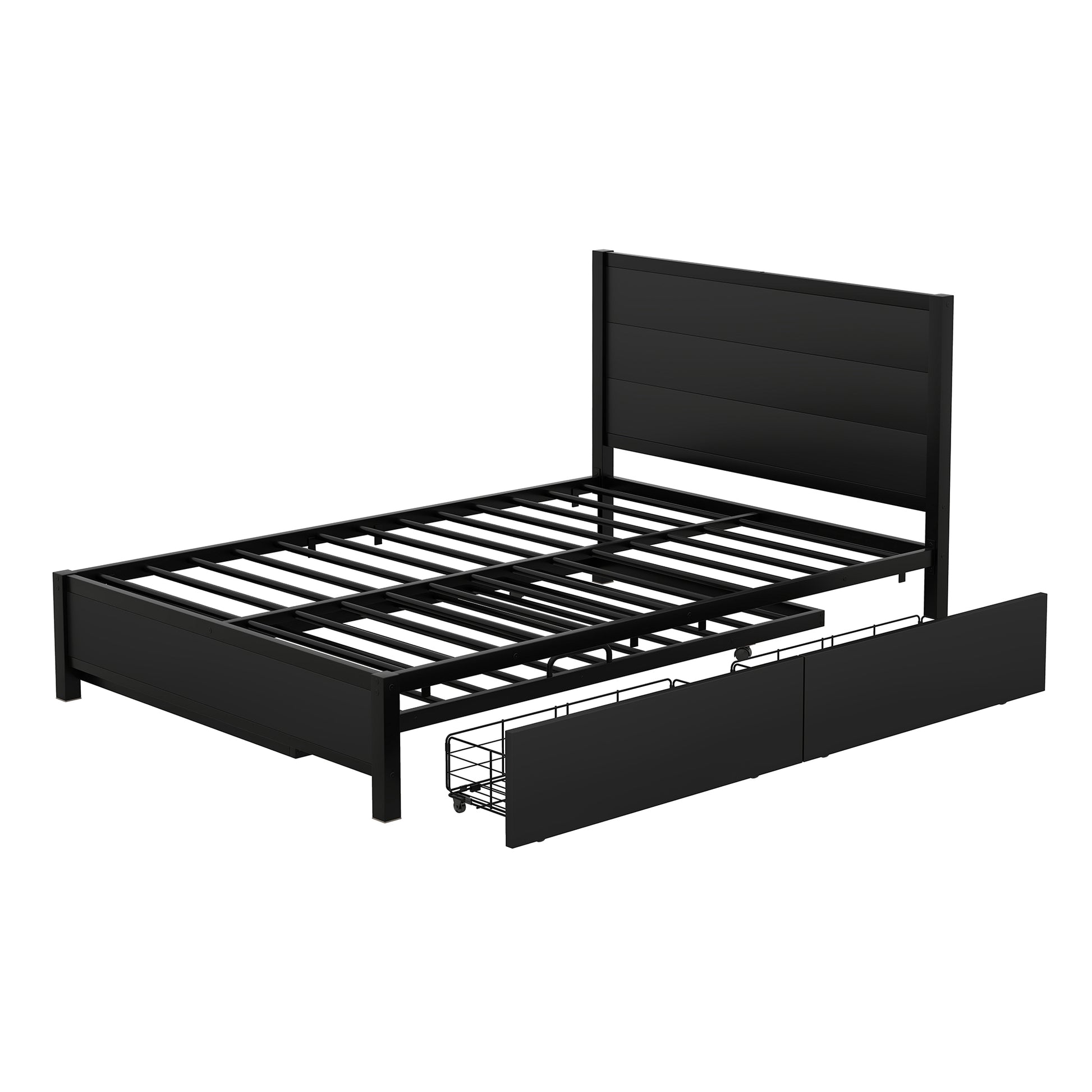 Metal Full Size Storage Platform Bed With Twin Size Trundle And 2 Drawers, Black Full Black Metal Bedroom Bed Frame Mdf Steel