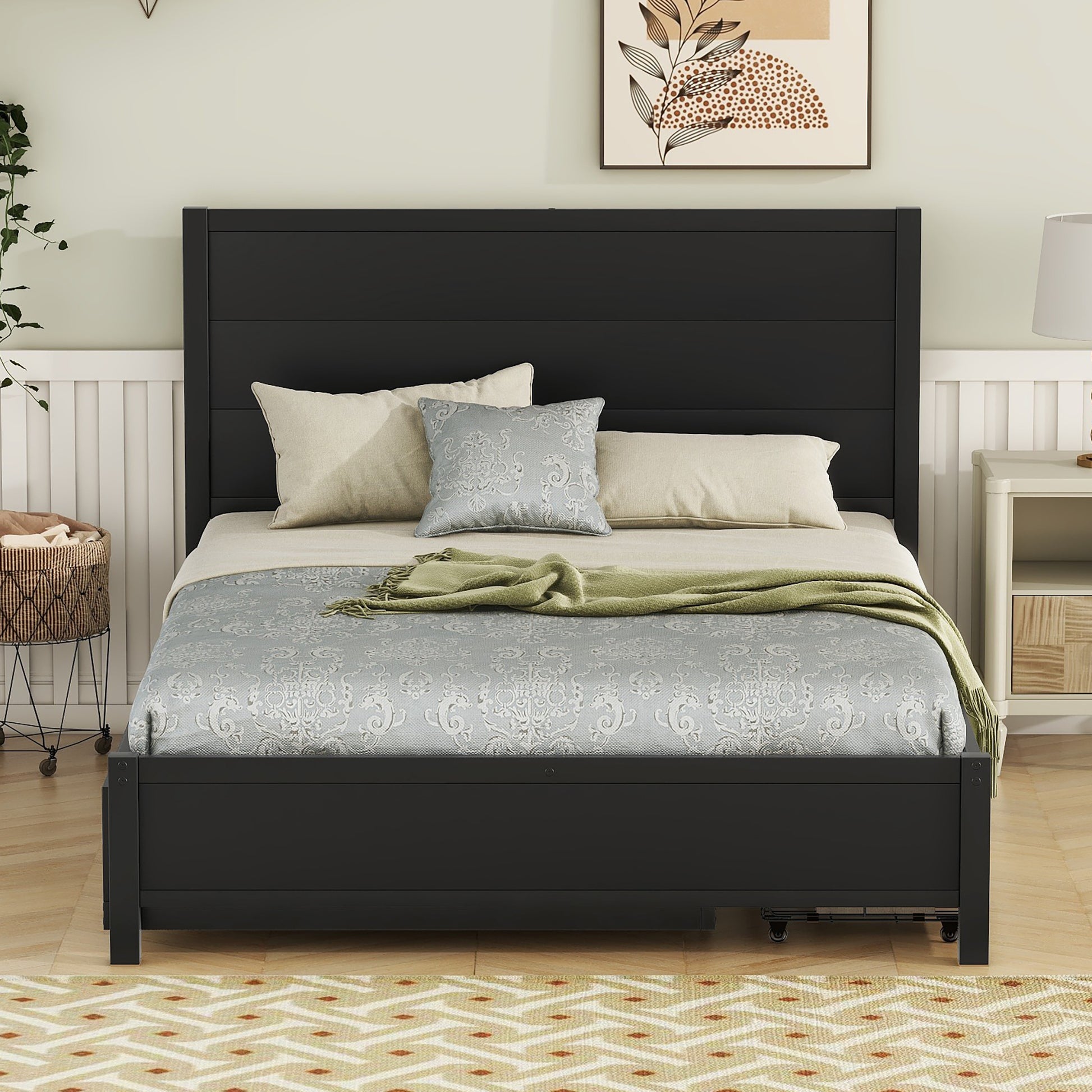 Metal Full Size Storage Platform Bed With Twin Size Trundle And 2 Drawers, Black Full Black Metal Bedroom Bed Frame Mdf Steel