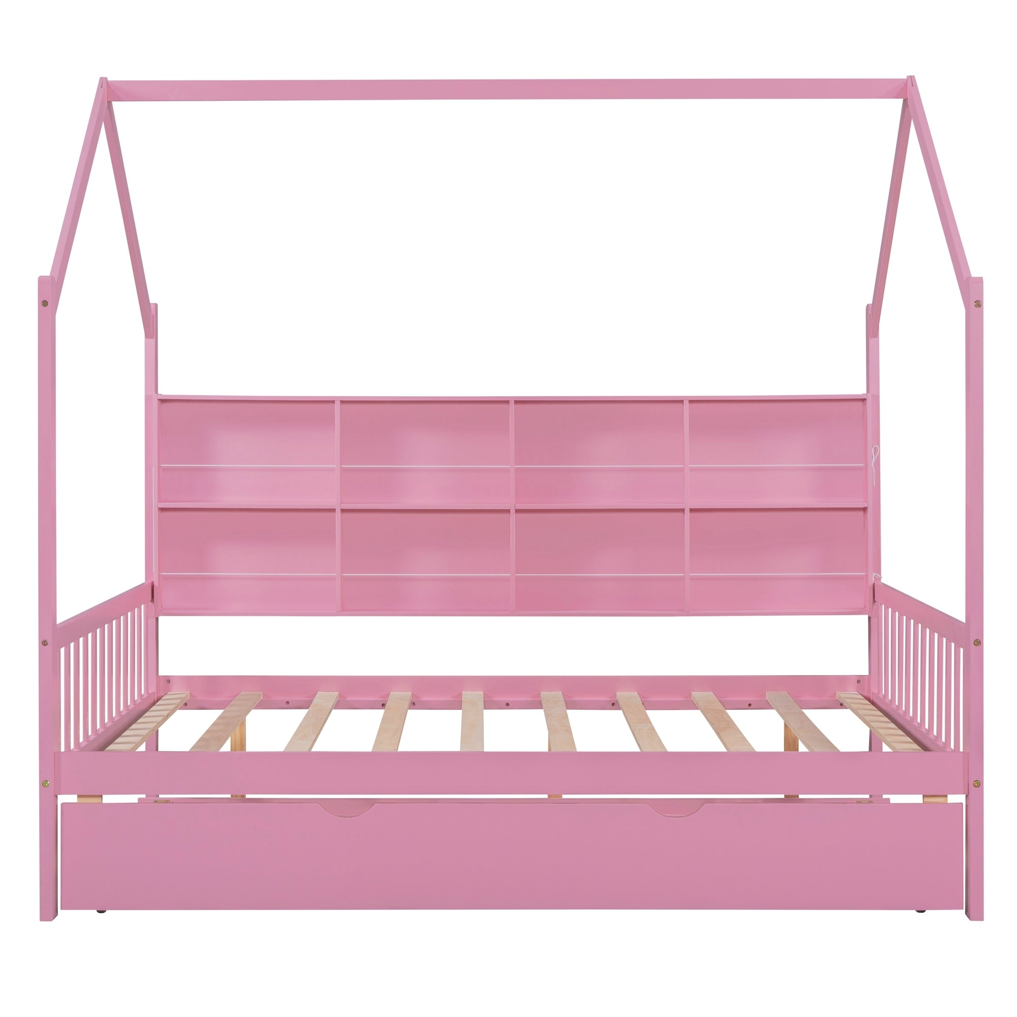 Wooden Full Size House Bed with Trundle,Kids Bed with pink-wood