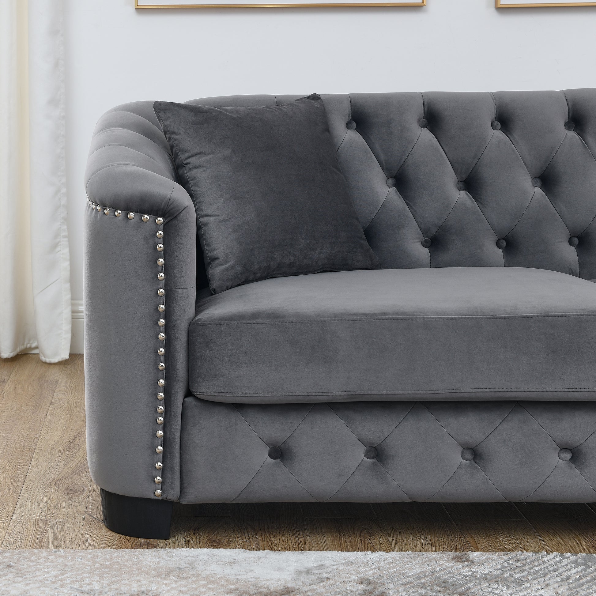 77 Inch Modern Chesterfield Velvet Sofa, 3 Seater Sofa, Upholstered Tufted Backrests With Arms And 2 Cushions For Living Room, Bedroom, Apartment, Office Grey Grey Primary Living Space American Design Foam Velvet 3 Seat