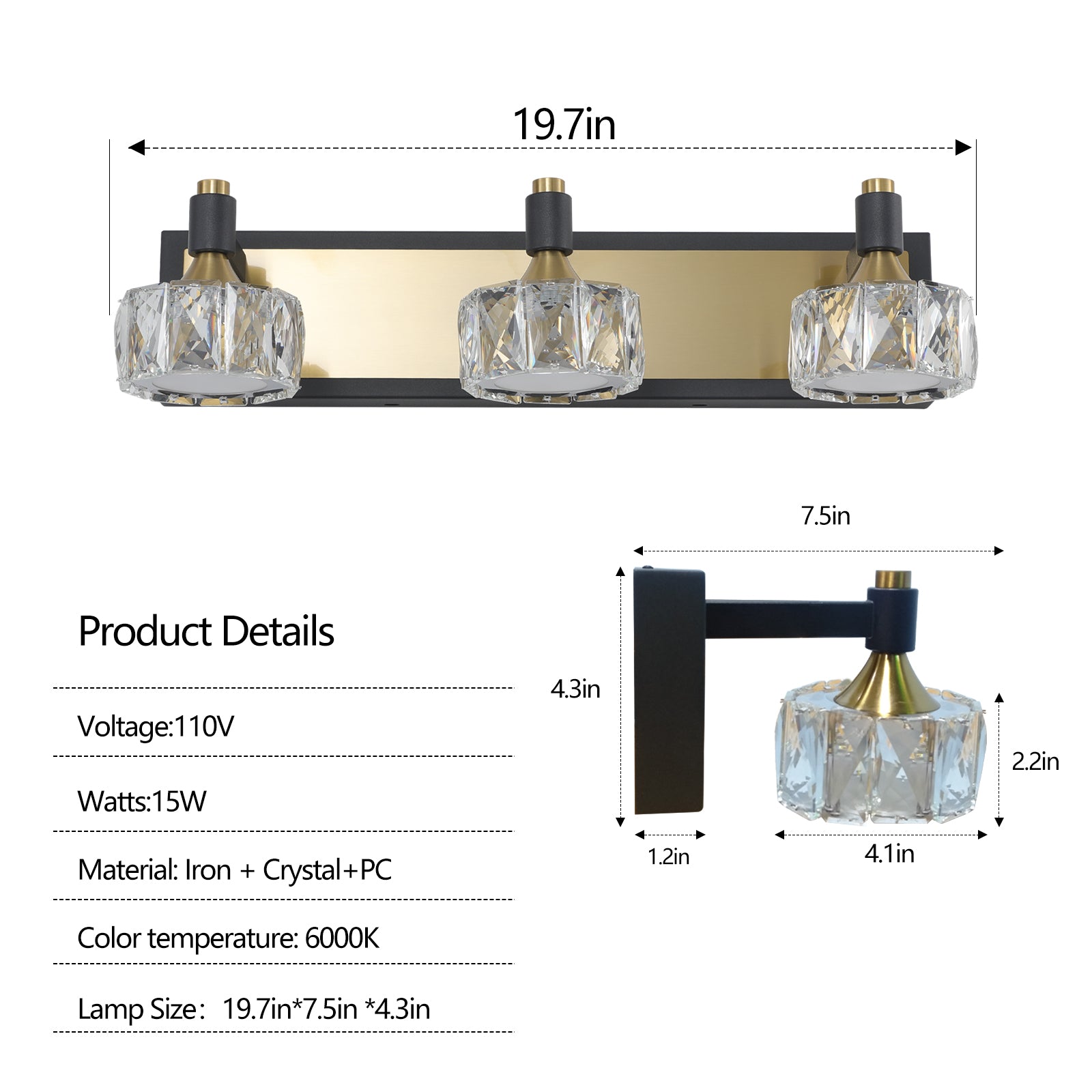 LED 3 Light Modern Crystal Bathroom Vanity Light Over yellow brown-luxury-modern-iron